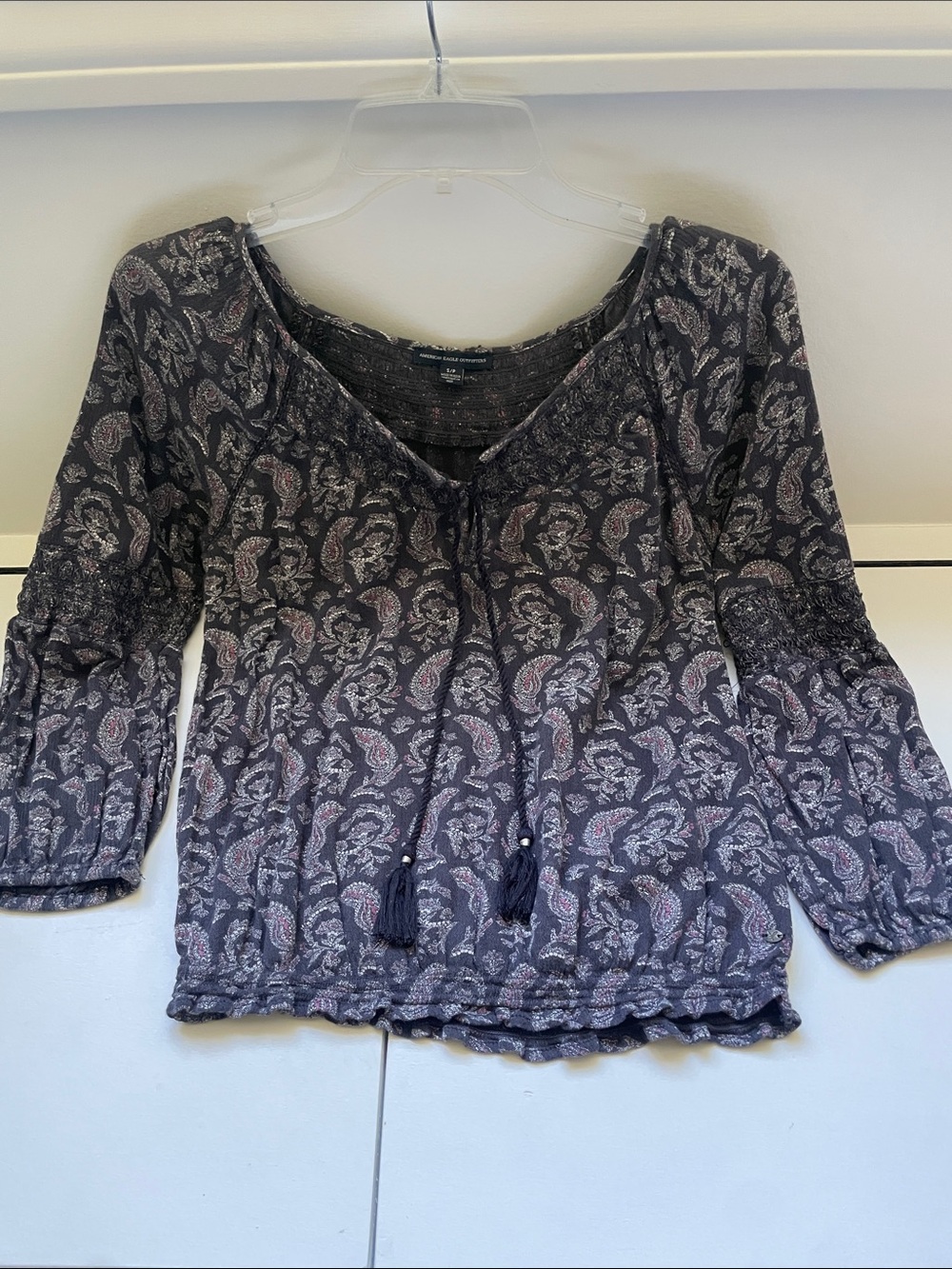 American Eagle Outfitters Navy Gray Paisley Peasant Top with Pink Accents